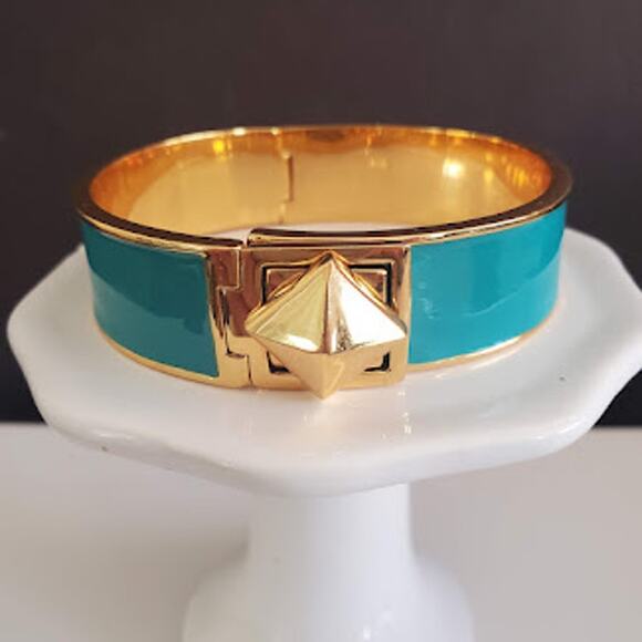 Kate Spade Turn‎ Lock Hinged Bangle Gold Plated and Teal Green Enamel with Pouch - Picture 8 of 9